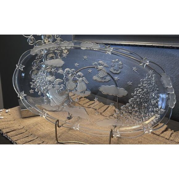 Lot Of 3 Serving Platter Bowls Tray Christmas Holiday Heavy Glass Angel Figures - Picture 3 of 10
